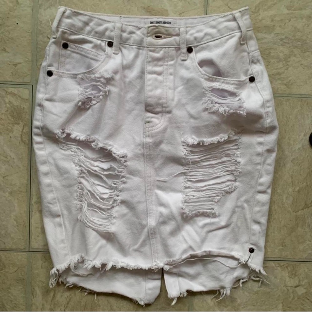 One Teaspoon Denim Midi White Jean Skirt Spring/ Summer Distressed